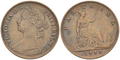 Великобритания 1 фартинг 1888 Виктория (1837-1901) KM 753, Spink 3958 бронза 441-415