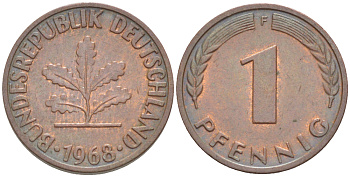 ФРГ 1 ПФЕННИГ 1968 F KM 105, J. 380 сталь плакированная медью 4181-546