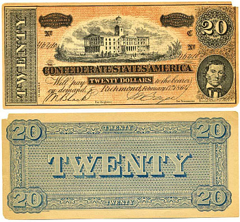 КОНФЕДЕРАТИВНЫЕ ШТАТЫ АМЕРИКИ 20 ДОЛЛАРОВ 1864 ШТАТ РИЧМОНД, КОПИЯ, ЭМИТАЦИЯ бумага 7523-24-2