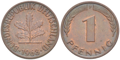 ФРГ 1 ПФЕННИГ 1968 F KM 105, J. 380 сталь плакированная медью 4181-546
