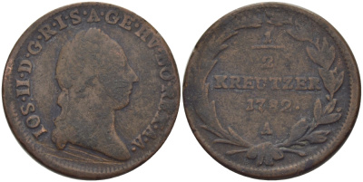 АВСТРИЯ 1/2 КРЕЙЦЕРА 1782 А, ЖОЗЕФ II (1780-1790) KM 2053 медь 87-512