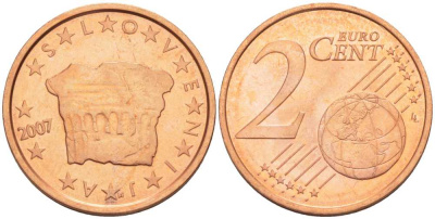 СЛОВЕНИЯ 2 ЕВРОЦЕНТА 2007 КНЯЖЕСКИЙ КАМЕНЬ ВЛАСТИ KM 69 сталь плакированная медью UNC 214-367