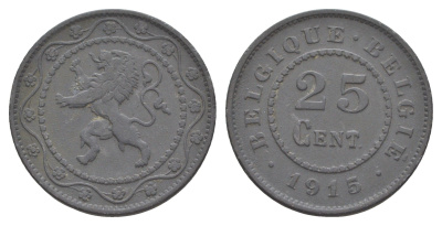 Бельгия 25 сантимов 1915 германская оккупация Первая мировая война, Альберт I (1909-1934) KM 82 цинк 4156-616