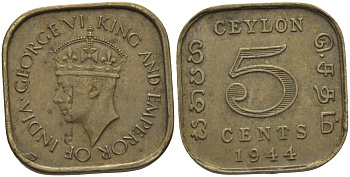 ЦЕЙЛОН 5 ЦЕНТОВ 1944 ГЕОРГ VI KM 113.2 никель латунь 26-661