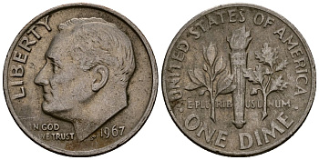 США 10 центов (дайм) 1967 Рузвельт KM 195a медь плакированная медно-никелем 4164-932