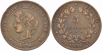 ФРАНЦИЯ 5 САНТИМОВ 1876 A, ТРЕТЬЯ РЕСПУБЛИКА (1871-1940) KM 821.1, LE FRANC 118.14 бронза 108-724