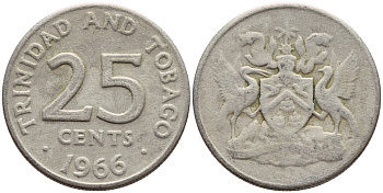 Тринидад и Тобаго 25 центов 1966 герб KM 4 медно-никель 4396-647