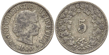 ШВЕЙЦАРИЯ 5 РАППЕНОВ 1900 В KM 26 медно-никель 4532-913