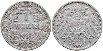 ГЕРМАНИЯ 1 МАРКА 1902 F KM 14 серебро 179-825