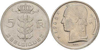 Бельгия 5 франков 1965 Belgique KM 134.1 медно-никель    4187-231