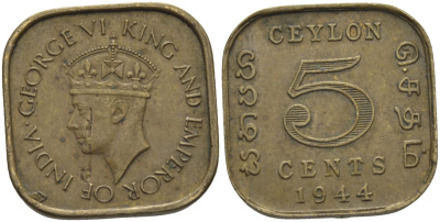 ЦЕЙЛОН 5 ЦЕНТОВ 1944 ГЕОРГ VI KM 113.2 никель латунь 26-661