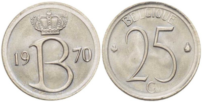 БЕЛЬГИЯ 25 САНТИМОВ 1970 BELGIQUE KM 153.1 медно-никель 201-1266