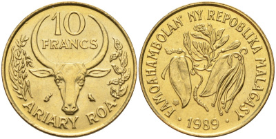 Мадагаскар 10 франков 1989 KM 11 алюминиевая бронза 4141-625