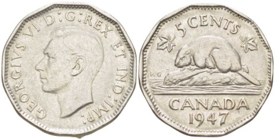 Канада 5 центов 1947 бобр, Георг VI (1937-1952) KM 39a никель 4448-856