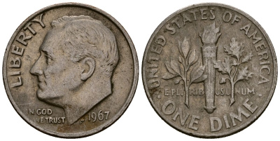 США 10 центов (дайм) 1967 Рузвельт KM 195a медь плакированная медно-никелем 4164-932