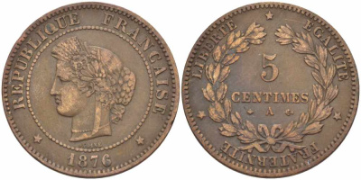 ФРАНЦИЯ 5 САНТИМОВ 1876 A, ТРЕТЬЯ РЕСПУБЛИКА (1871-1940) KM 821.1, LE FRANC 118.14 бронза 108-724