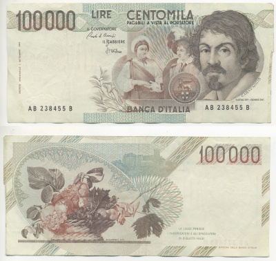Италия 100000 лир 1983 Караваджо, фруктовый букет, подпись Speziali Pick 110b бумага 7220-26-3