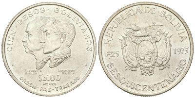Боливия 100 песо 1975 150 лет независимости KM 194 серебро UNC 443-431