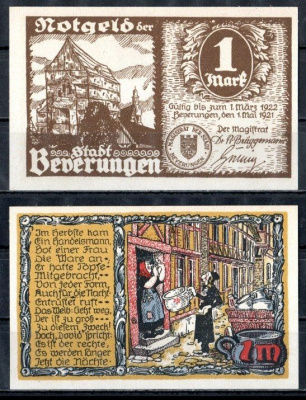 Беверунген (Пруссия, Вестфалия) 1 марка 1921 Mehl Grabowski 99.2-3/3 бумага UNC (пресс) 7556-53-3-1