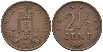 Нидерландские Антилы 2 1/2 цента 1973 Юлиана (1948-1980) KM 9 бронза 31-622