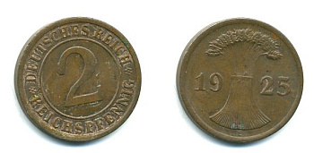 ГЕРМАНИЯ 2 РЕЙХСПФЕННИГА 1925 E KM 38, J. 314 бронза 46-1751