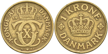 Дания 1 крона 1931 HCN; GJ, Кристиан X (1912-1947) KM 824.2 алюминиевая бронза 4587-1113