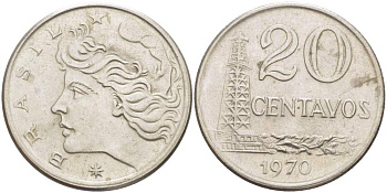Бразилия 20 сентаво 1970 голова Свободы влево KM 579.2, Schon 84a медно-никель 4529-414