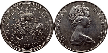 Остров Мэн 1 крона 1977 Серебряный юбилей правления королевы Елизаветы II, три короны KM 41 медно-никель  UNC  4368-631