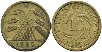 Германия 10 рейхспфеннигов 1925 A KM 40 алюминиевая бронза 4171-331