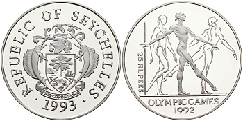 Сейшельские острова 25 рупий 1993 XXV летние олимпийские игры 1992 года в Барселоне, гиманстика, тираж 40000 экз. KM 70 серебро PROOF 02-078-14