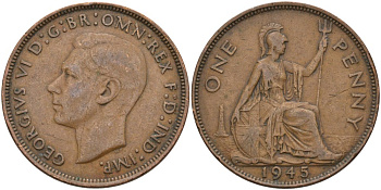 Великобритания 1 пенни 1945 Георг VI (1936-1952) KM 845, Spink 4114 бронза 4574-136