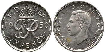 Великобритания 6 пенсов 1950 Георг VI (1936-1952) KM 875, Spink 4110 медно-никель UNC 201-562