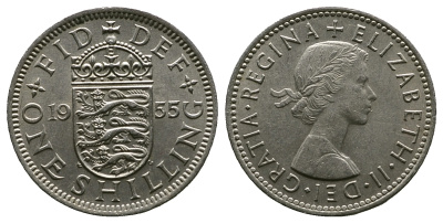Великобритания 1 шиллинг 1955 Елизавета II (1952-2022), Английский герб KM 904, Spink 4147 медно-никель 261-1024