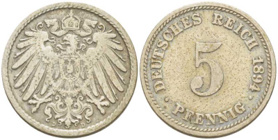 ГЕРМАНИЯ 5 ПФЕННИГОВ 1894 D KM 11, J. 12, Weege 6 медно-никель 206-915