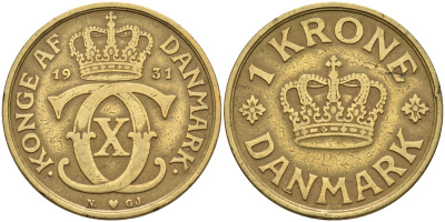 Дания 1 крона 1931 HCN; GJ, Кристиан X (1912-1947) KM 824.2 алюминиевая бронза 4587-1113