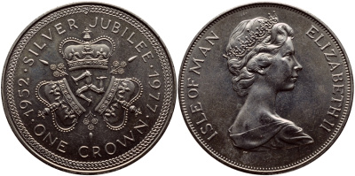 Остров Мэн 1 крона 1977 Серебряный юбилей правления королевы Елизаветы II, три короны KM 41 медно-никель  UNC  4368-631