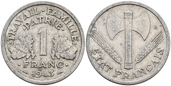 Франция 1 франк 1943 LB, тип Lourde, правительство Виши KM 902.1 алюминий 4142-925
