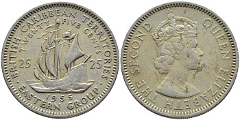 Британские Восточно-Карибские территории 25 центов 1955 Елизавета II (1952-2022), парусник KM 6 медно-никель 4175-152