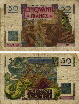 ФРАНЦИЯ 50 ФРАНКОВ 1949 17 ФЕВРАЛЯ 1949, УРБЕН ЖАН ЖОЗЕФ ЛЕВЕРЬЕ, ФРАНЦУЗСКИЙ АСТРОНОМ-МАТЕМАТИК Pick 127b бумага 7183-17-1-1