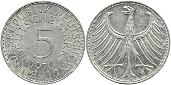 ФРГ 5 МАРОК 1970 G, KM 112.1, J. 387 серебро 1523-411