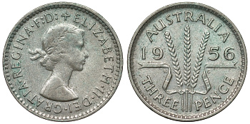 Австралия 3 пенса 1956 m, Елизавета II (1952-2022) KM 57 серебро 71-453
