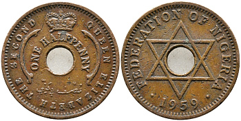Нигерия 1/2 пенни 1959 Елизавета II (1952-), Британский протекторат KM 1 бронза 4387-414
