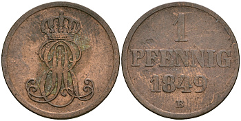 Ганновер 1 пфенниг 1849 B, Эрнст Август (1837-1851) KM 201.1, AKS 129, J. 74 медь 4608-1029