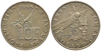 Франция 10 франков 1988 100 лет со дня рождения Ролан Гарроса (1888-1918) KM 965 алюминиевая бронза 83-1953