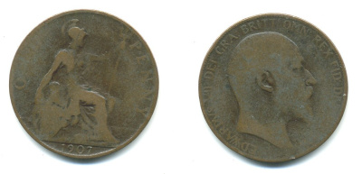 Великобритания 1 пенни 1907 Эдуард VII (1901-1910) KM 794.2, Spink 3990 бронза 540-625