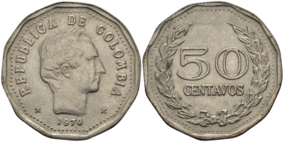 Колумбия 50 сентаво 1970 Симон Боливар KM 244.1 сталь плакированная никелем 31-543