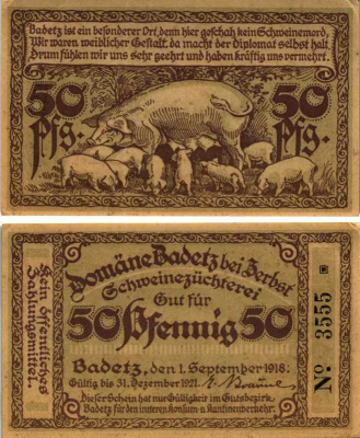 БАДЕЦ, ГЕРМАНИЯ 50 ПФЕННИГОВ 1918 НОТГЕЛЬД, ЗЕМЛЯ САКСОНИЯ-АНХАЛЬТ, 1 СЕНТЯБРЯ 1918, СВИНЬЯ С ПОРОСЯТАМИ ARNOLD KELLER 59.1 бумага 7551-42-3-2