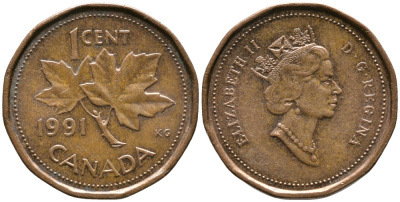 Канада 1 цент 1991 Елизавета II (1952-2022), кленовый лист KM 181 бронза 4528-764