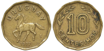 Уругвай 10 сентесимо 1977 KM 66 алюминиевая бронза 4164-759