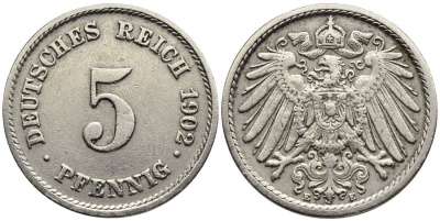 ГЕРМАНИЯ 5 ПФЕННИГОВ 1902 E KM 11, Jager 12, Weege 6 медно-никель 4547-425